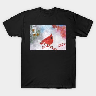 Winter Cardinal on snowy branch with red berries, pine branch, late autumn leaves T-Shirt